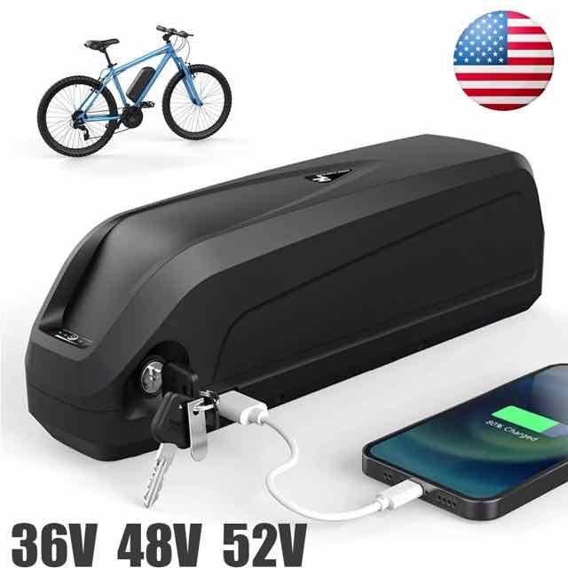 Black Hailong style ebike battery pack with 36V 48V 52V options, featuring a USB charging port for phones and a key lock, shown next to a blue mountain bike.